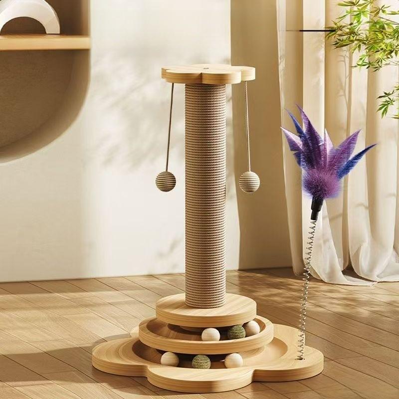 Wooden Cat Scratcher With Rope Play Toy For Pet Enrichment And Entertainment