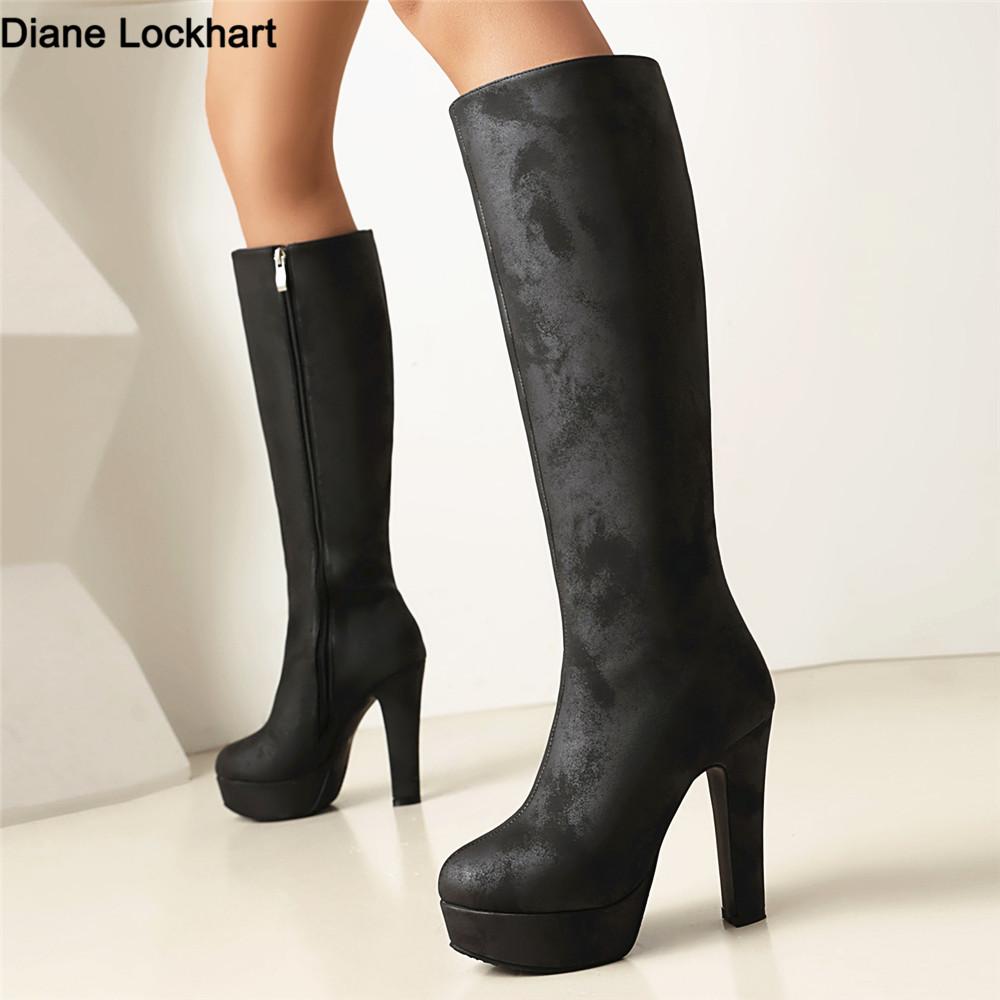 Fashion Fashion Slim Knee High Boots Round Toe Zipper Women Shoes Super High Thick Heel Boots Womens Platform Heels Lady Footwear