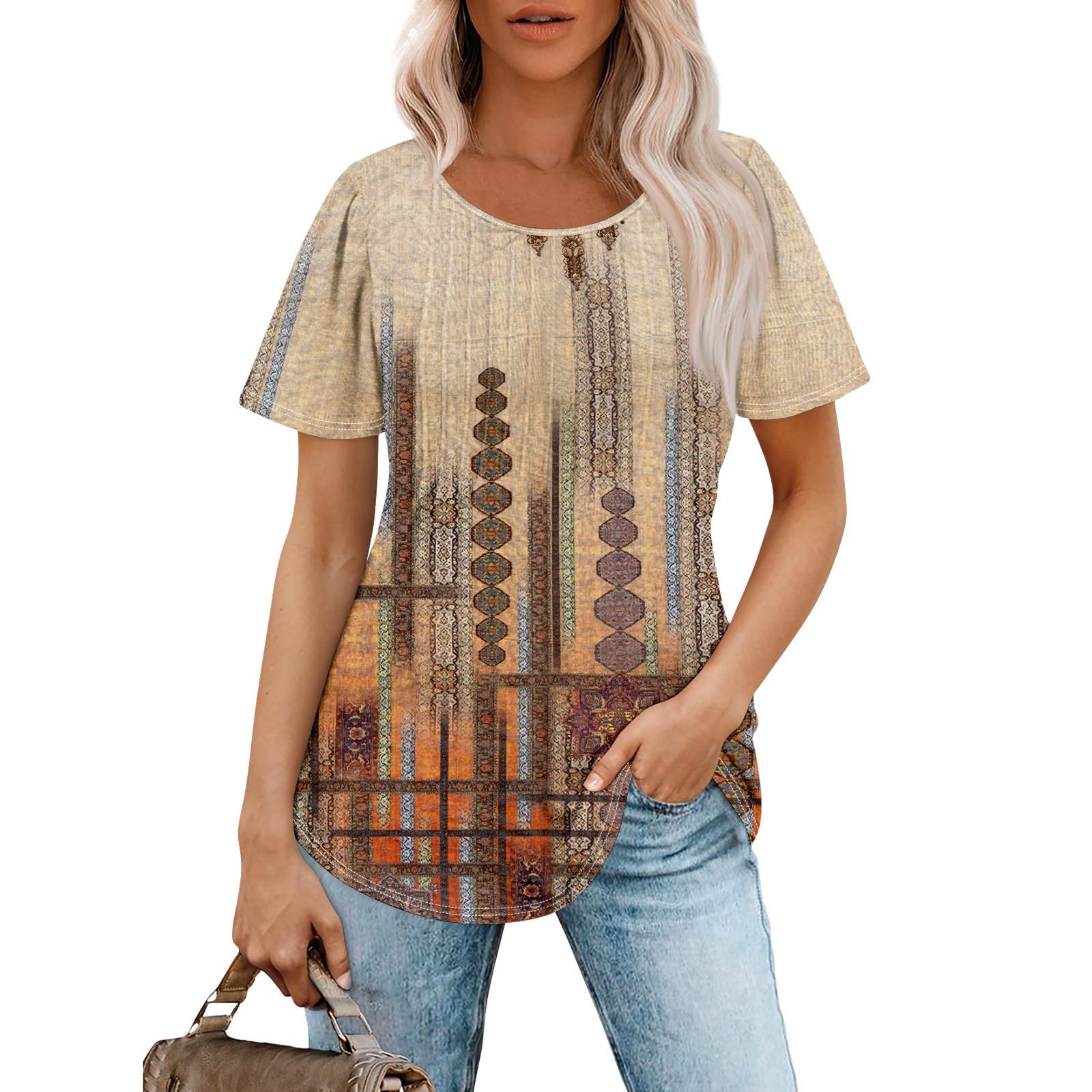 

Женская модная повседневная плиссированная футболка с короткими рукавами и круглым вырезом с принтом XL шафрановый