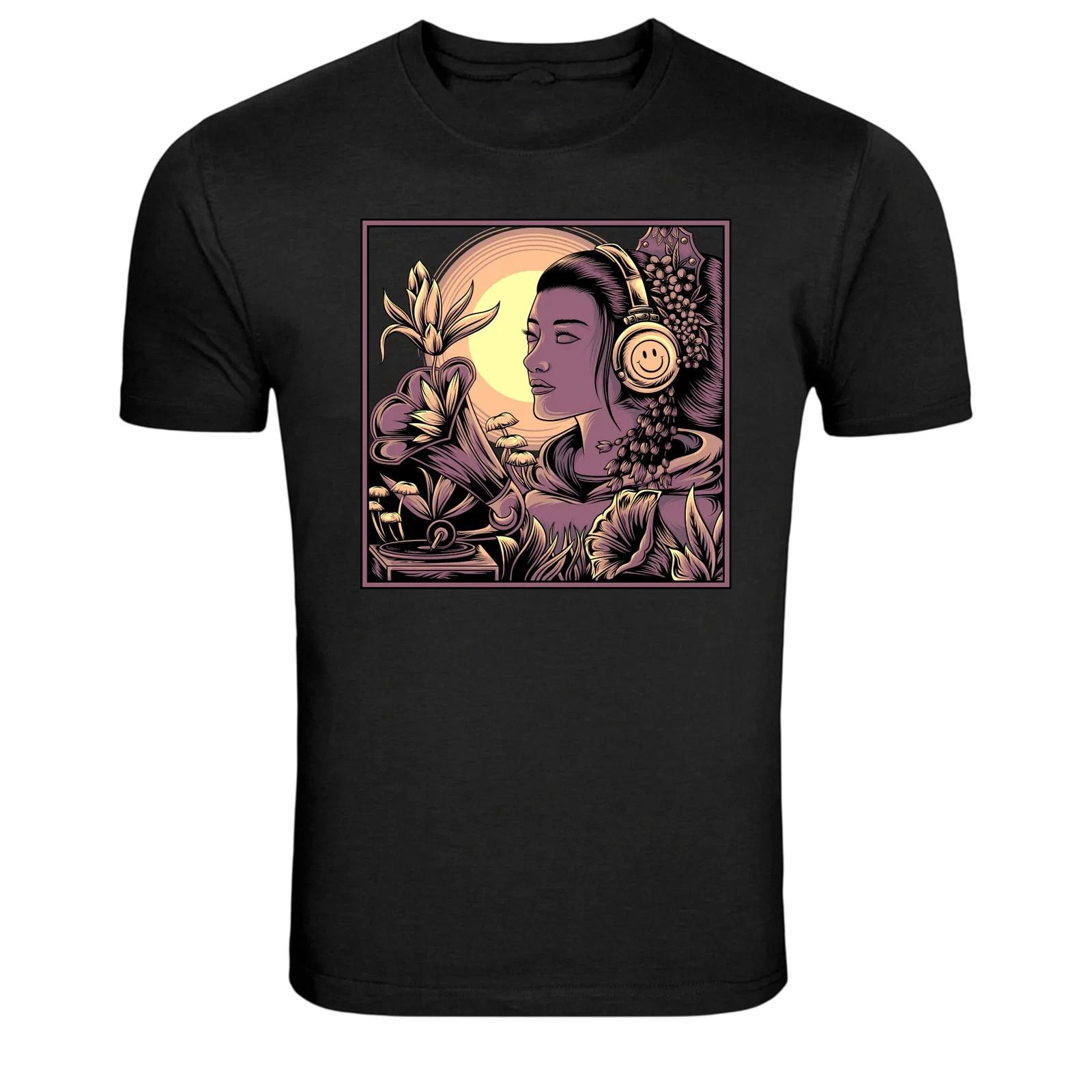 Music Lover Girl With Headphones Graphic T-Shirt Retro Art Style Tee 4XL
