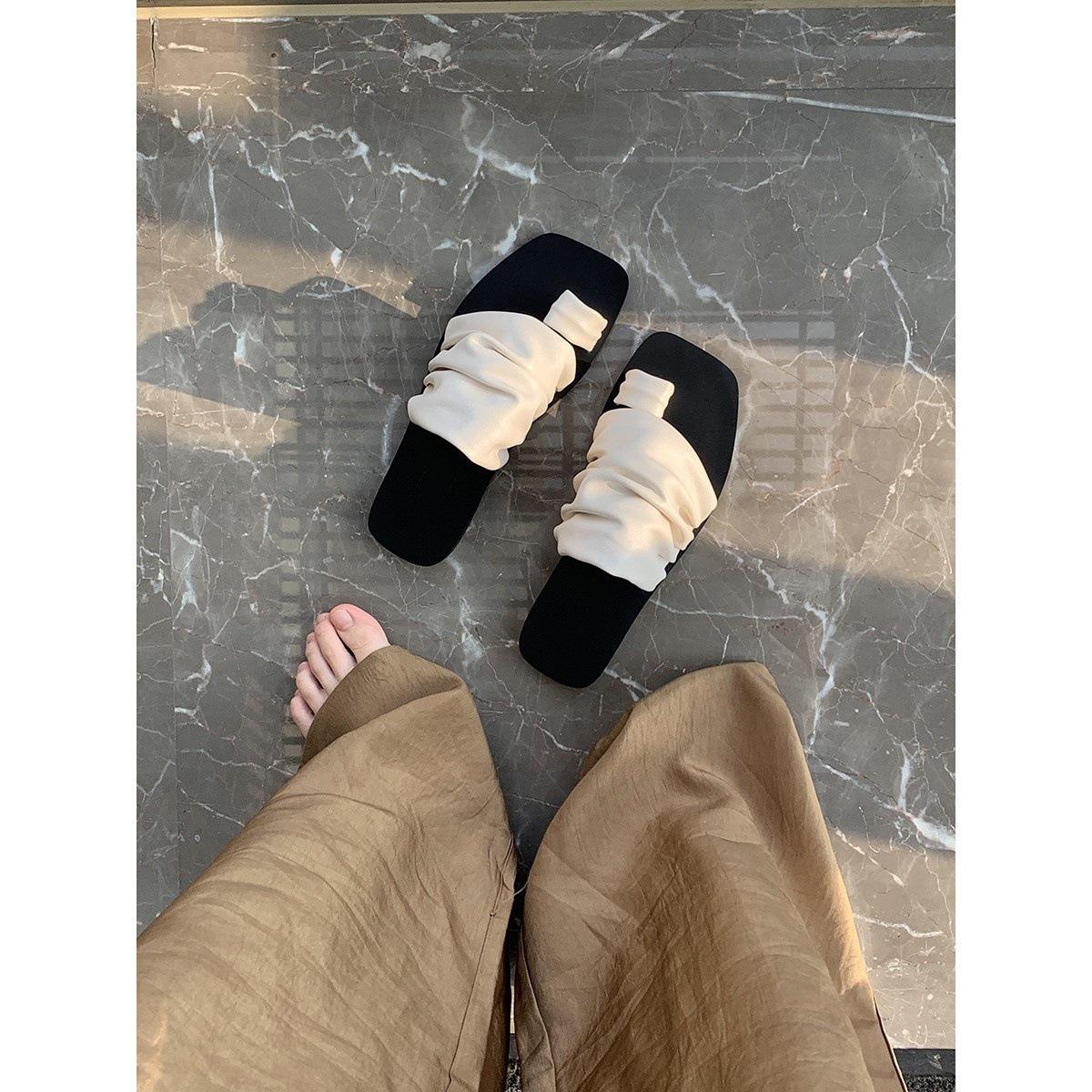 

Foot sandals design sense square head folds stacked flat bottom toe slippers women s wear 40 белый