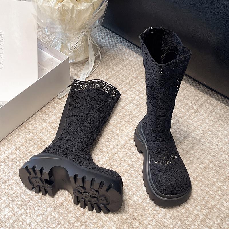 

2026 Mesh Knee High Women Cool Boots Sandals Platform High Heels Shoes Summer Designer New Pumps Walking Casual Zapatos Mujer 35 чёрный