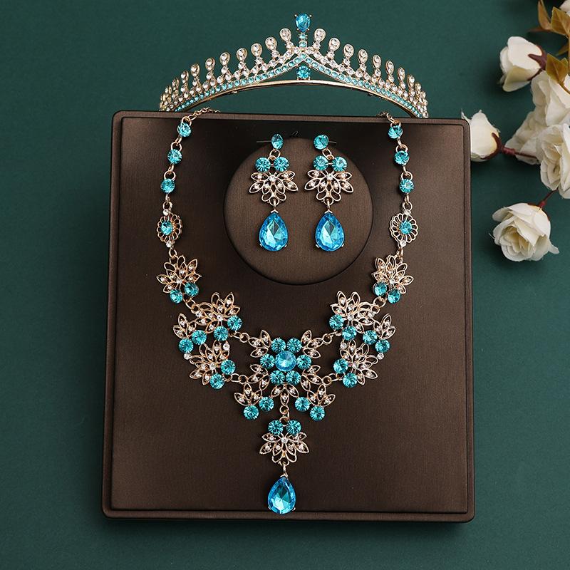DIEZI Korean Sky Blue Crystal Crown Women Girls Headwear Luxury Bridal Bride Tiaras Necklace Earrings Wedding Party Jewelry Sets