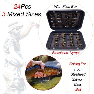 24Pcs Brass Bead Head Fly Fishing Lures Baits For Trout Fishing Baits With Flies Box