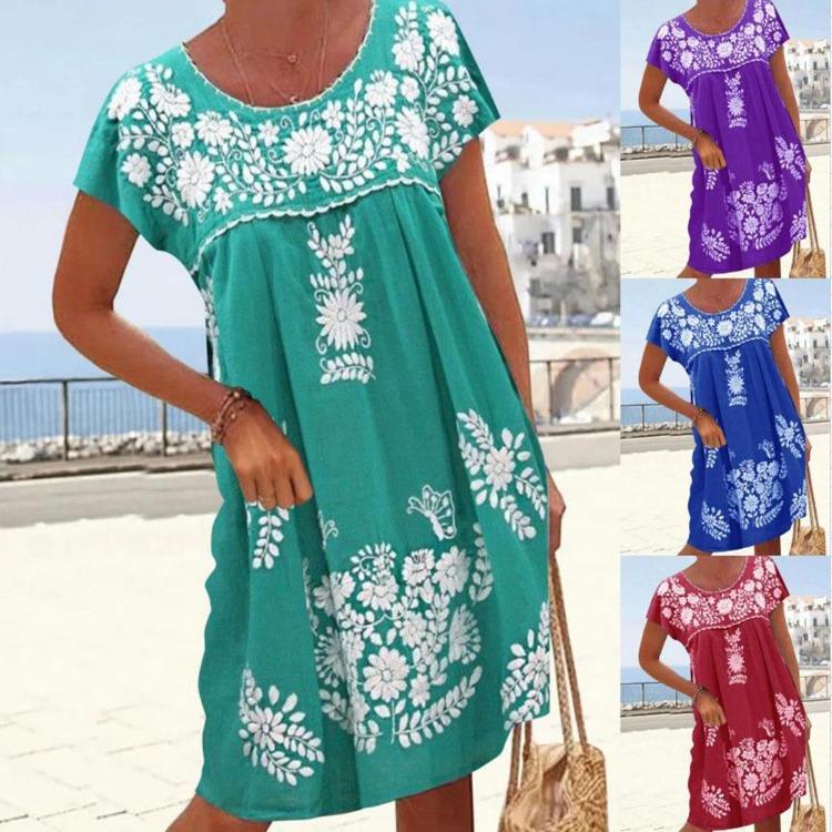 New Women Short Sleeve Round Neck Dress Spring Summer Ethnic Style Shoulder