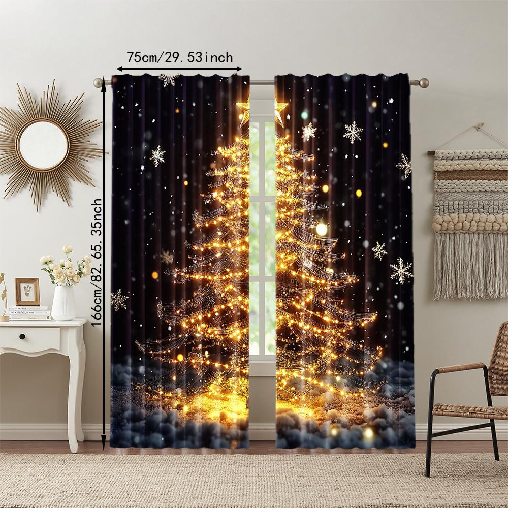 2Pcs Golden Christmas Tree Print Curtains Rod Hole Design For Easy Hanging Perfect For Living Room Bedroom Office Polyester Home