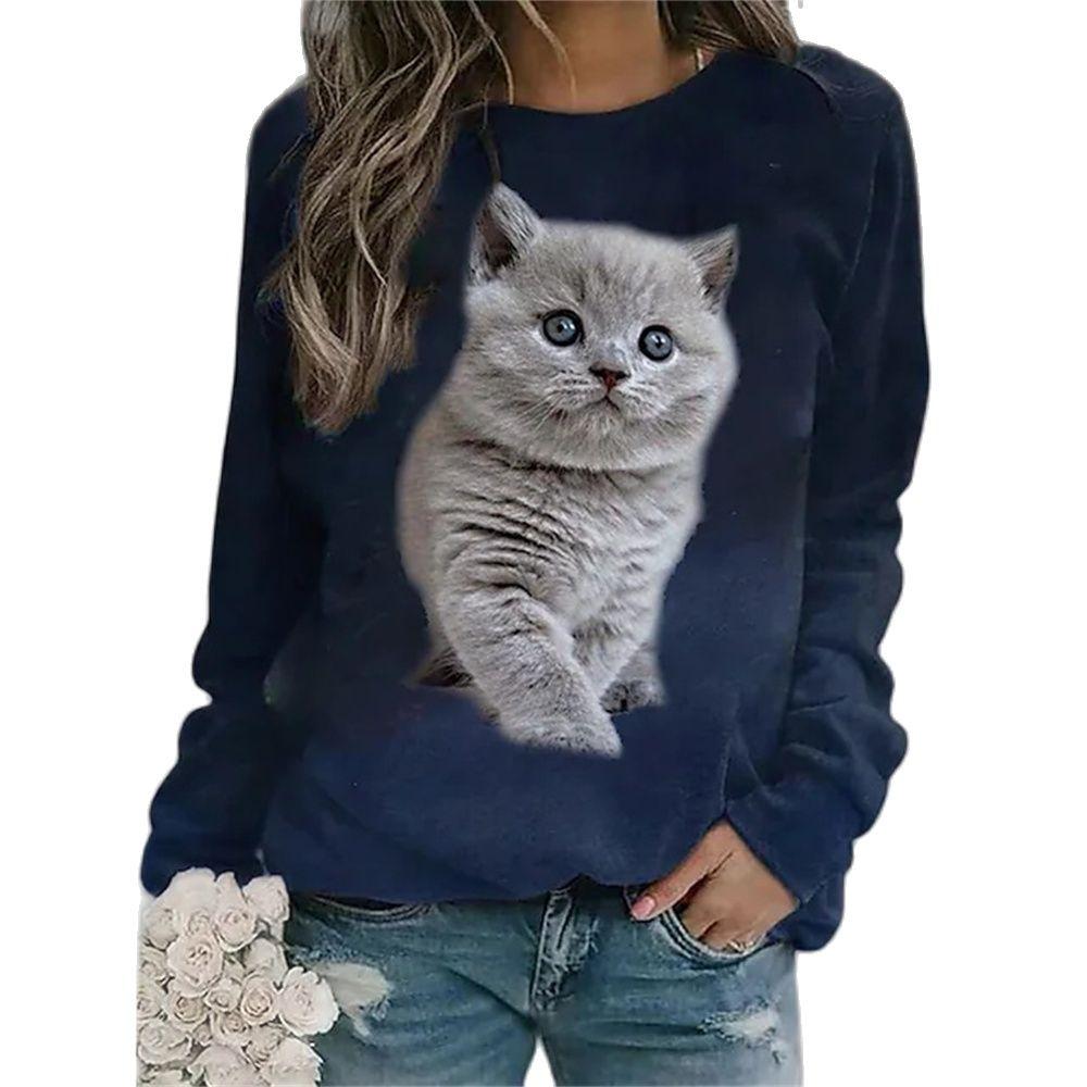 Large-sized New 3D Cute Cat Print Women's O-Neck Long Sleeve T-shirt Pullover Loose T-shirt Plus Size Casual Fashion Women's Top