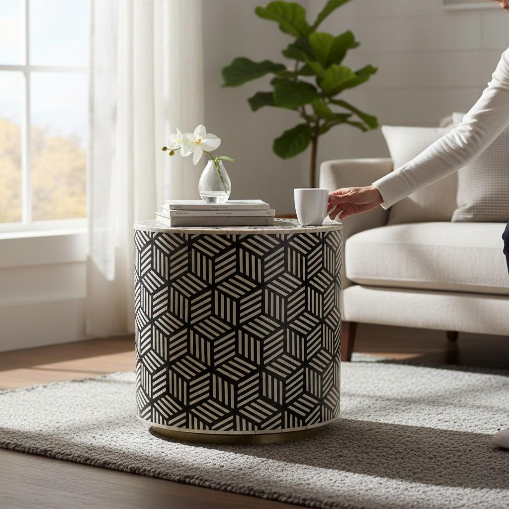 Wood Bone Inlay Drum Side Table, Bone Coffee Table Modern Patterned Cylinder Decor Table | Modern Cube Pattern Side Table | Central Table