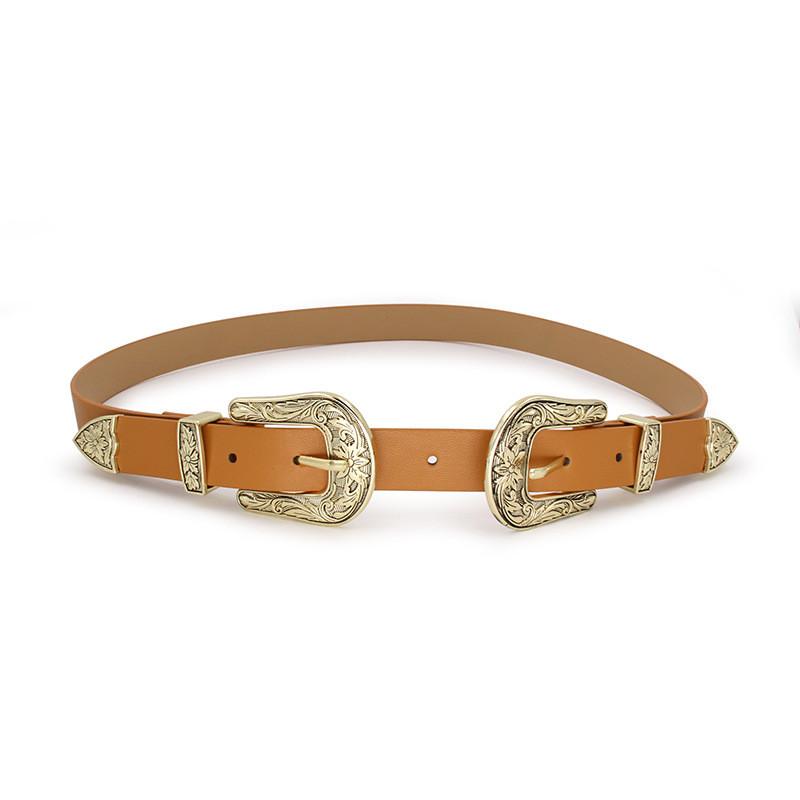 Button Double Women Faux Leather Belt With Floral Decor For Office Wears Casual