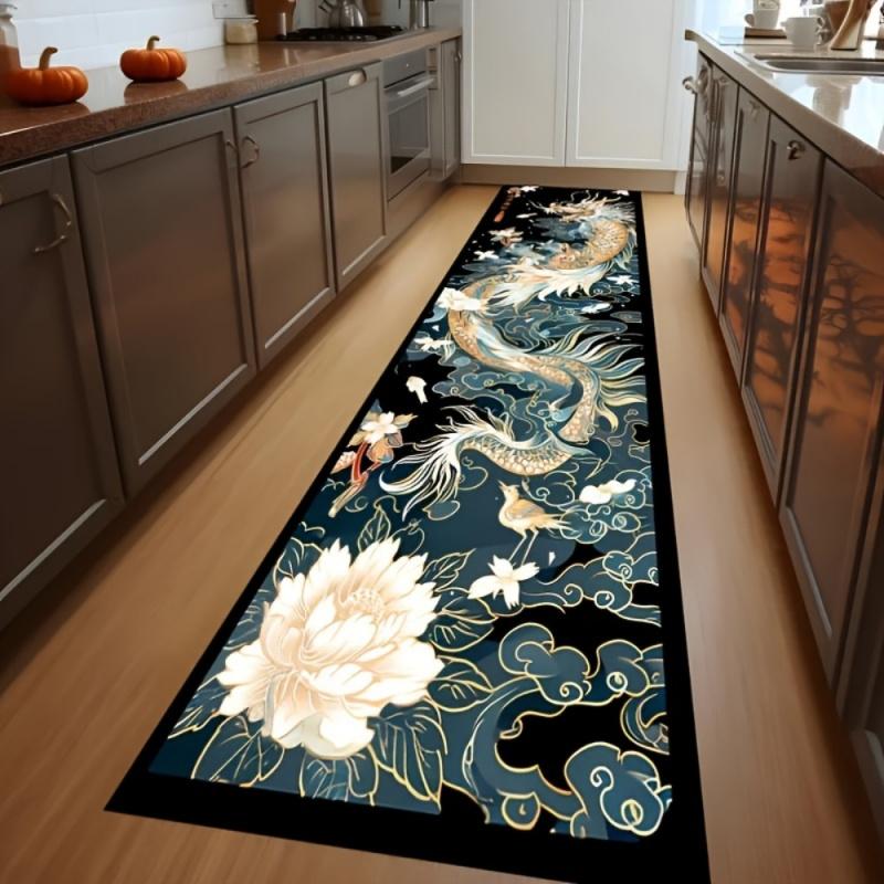VIKAMA Chinese Dragon and Lotus Print Runner Rug Non Slip Soft Hallway Carpet for Kitchen Bedroom Living Room Oriental Home Deco