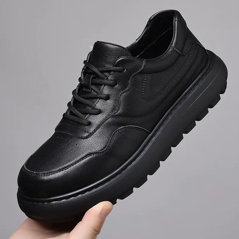 New Men Genuine Leather Casual Shoes Thick-soled Flat Platform Shoes Lace-up Chunky Sneaker