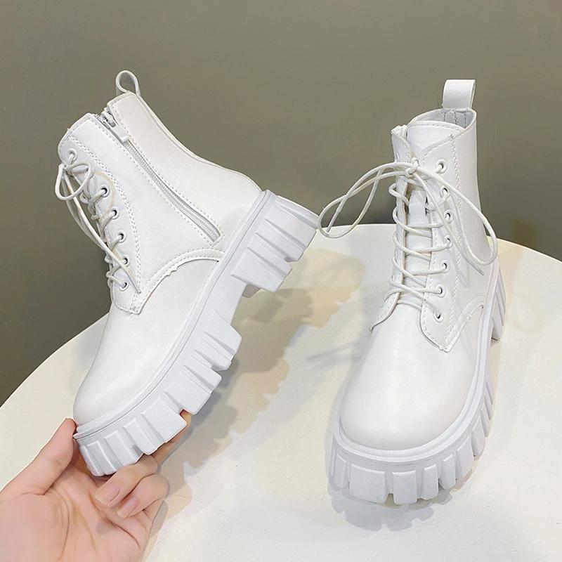 Botas De Motocicleta Con Plataforma Para Mujer, Botines Con Cordones, Tacón Grueso, Hebilla De Cinturón, Bolsillo