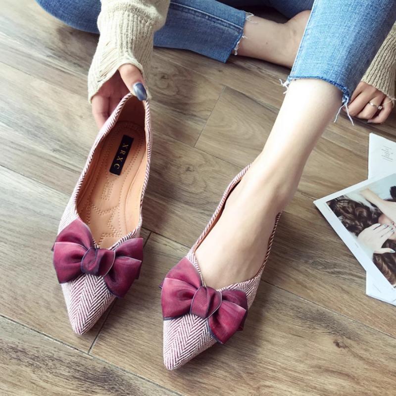 Fashion Flat Shoes for Women Spring and Autumn 2025 New Pointed Toe Bow Stripe Shallow Mouth Plus Size Women's Shoes Zapatillas Mujer