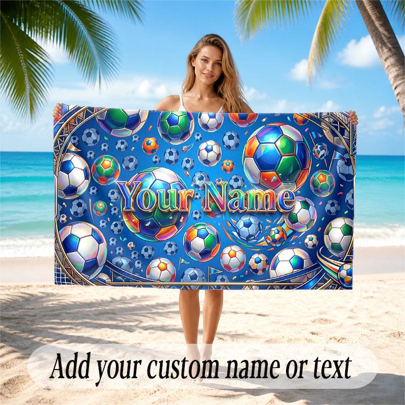 Soccer Theme Beach Towel Personalized Custom Name & Text Soft Quick Dry Beach Towel for Swimming Travel