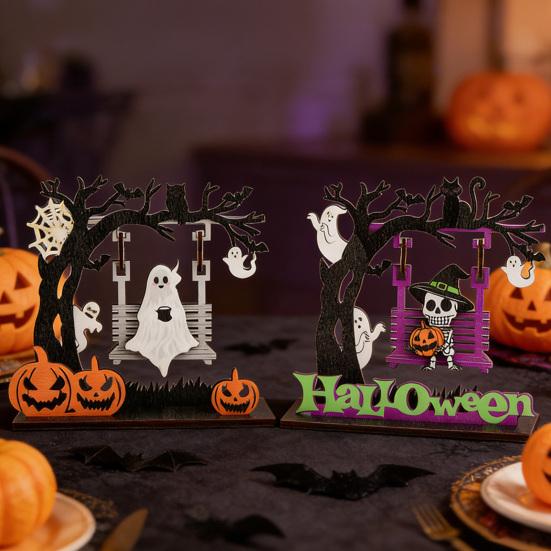 Halloween Wooden Table Decor, 3D Printed Skull Pumpkin Alphabet Letter Decoration, Creative Cartoon Wood Ornament for Party Home