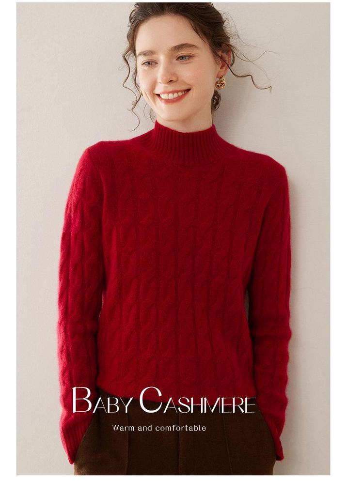 Women's Petite Cashmere Knit Sweater - Mid-High Neck, Thick, Loose Fit, Autumn/Winter 2024