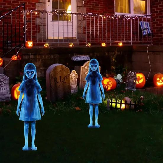 2 Pcs Scary Garden Metal Stakes Spooky Twins Yard Signs for Lawn Patio Haunted House Halloween Outdoor Decorations