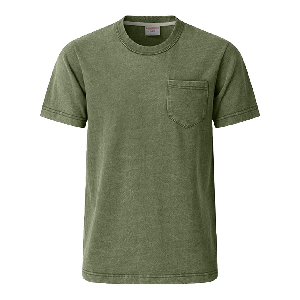 Men Vintage Washed Short Sleeve T Shirt Crew Neck with Chest Pocket Casual Loose Fit Soft Fabric Classic Style