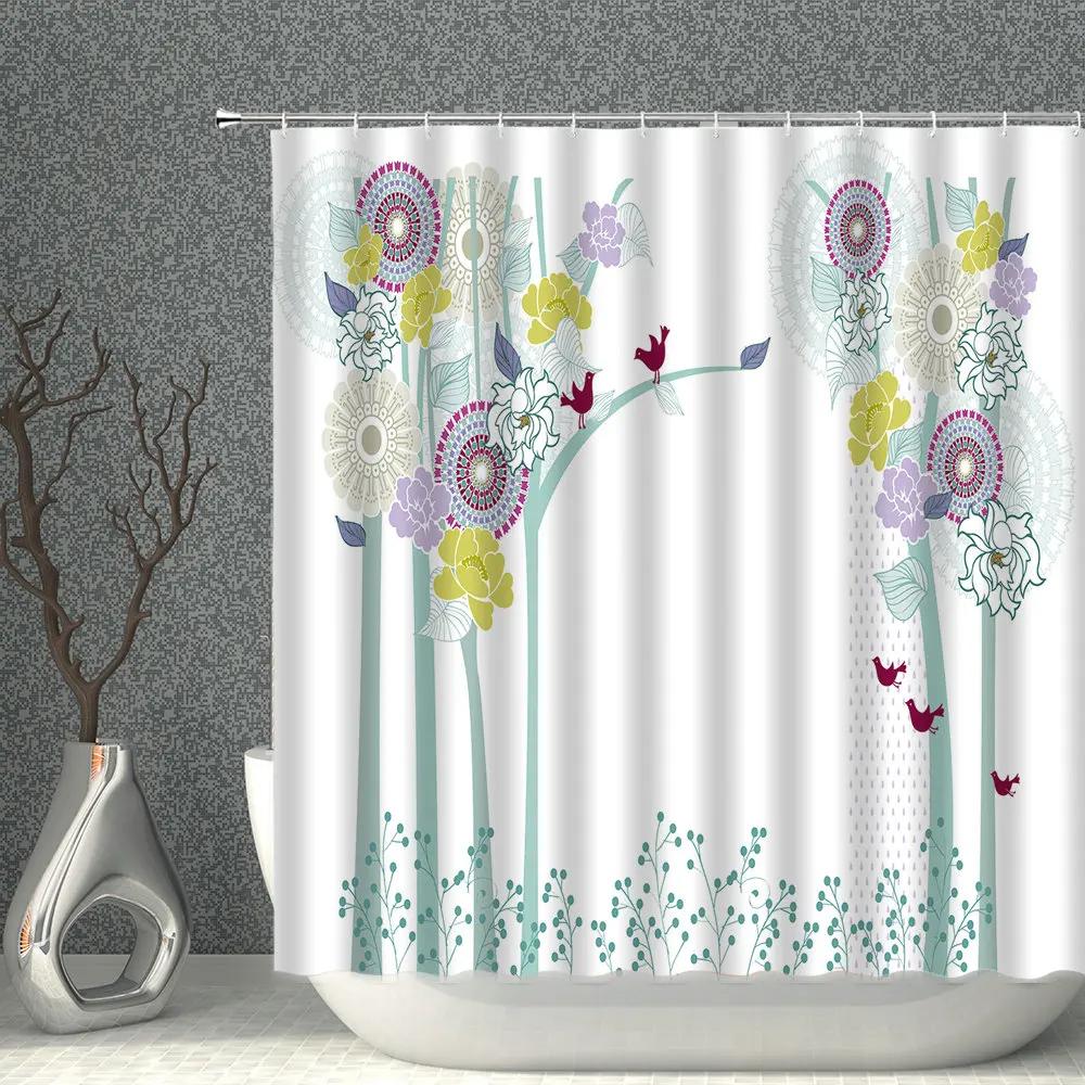 Chinese Flower And Bird Shower Curtain Green Plant Waterproof Cloth Polyester Bathroom  Curtains Home Suit With Hook