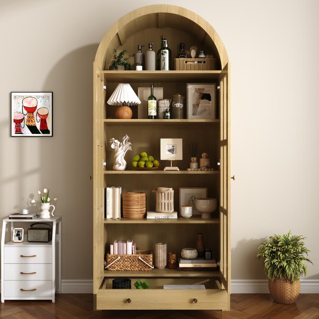 Moderner hoher Schrank in Bogenform mit Einlegeböden und Schublade - Vitrine mit höhenverstellbaren Regalen für Wohnzimmer, Arbeitszimmer, Esszimmer