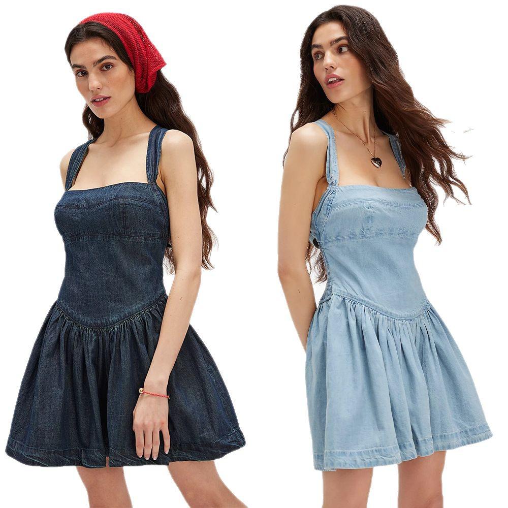 Europäisches & Amerikanisches Damen-Mini-Denimkleid 2025 Sommer, Rückenfrei, Schlank, Hoher Bund, Einfarbig.