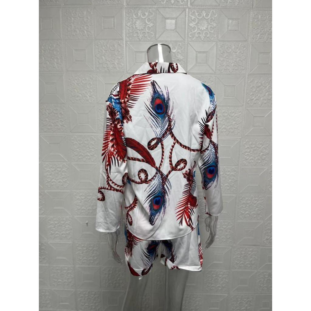 Women's sets summer long-sleeved lapel printed zipper shirt shorts clothes sale