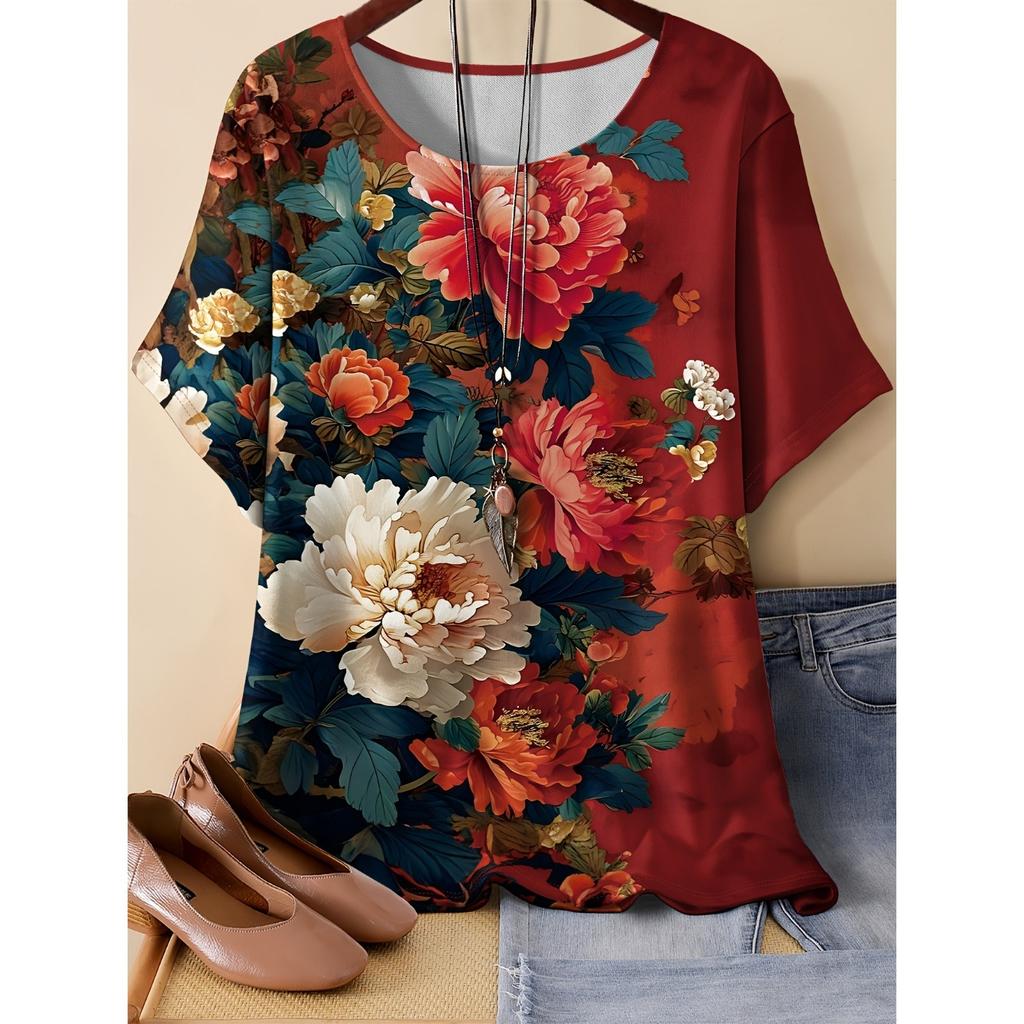 Summer Round Neck 3D Flower Pattern Print Top Fashionable Casual Short Sleeved Women's T-shirts