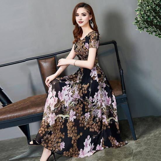 Letnia sukienka damska kwiatowy Print linia A duży brzeg wysoka talia krótkie rękawy wokół szyi plisowana długość do połowy łydki formalna impreza dojazdowa sukienka Midi