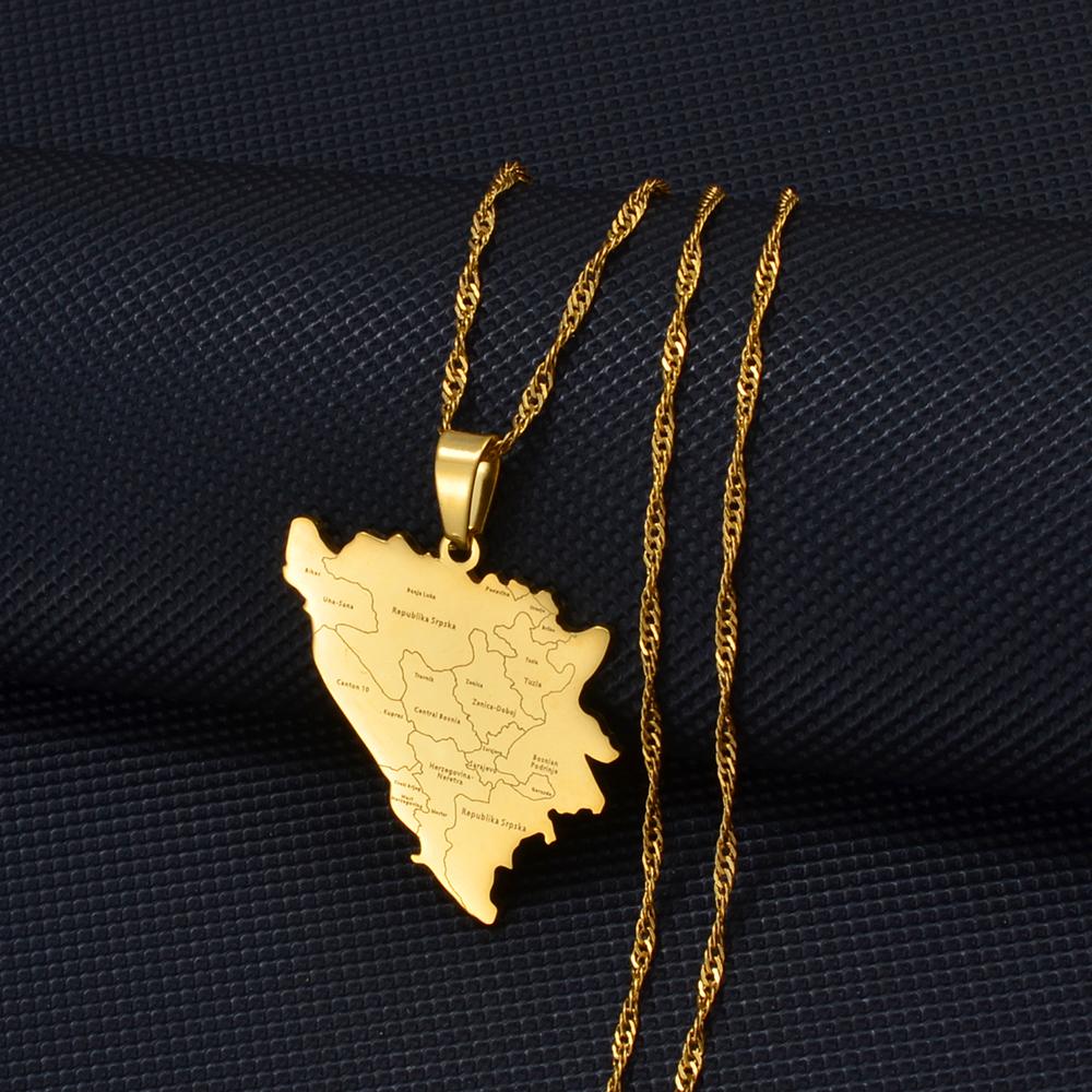 Anniyo Bosnia and Herzegovina Map With City Name Pendant Necklaces Bosna Hercegovina Jewelry #258021