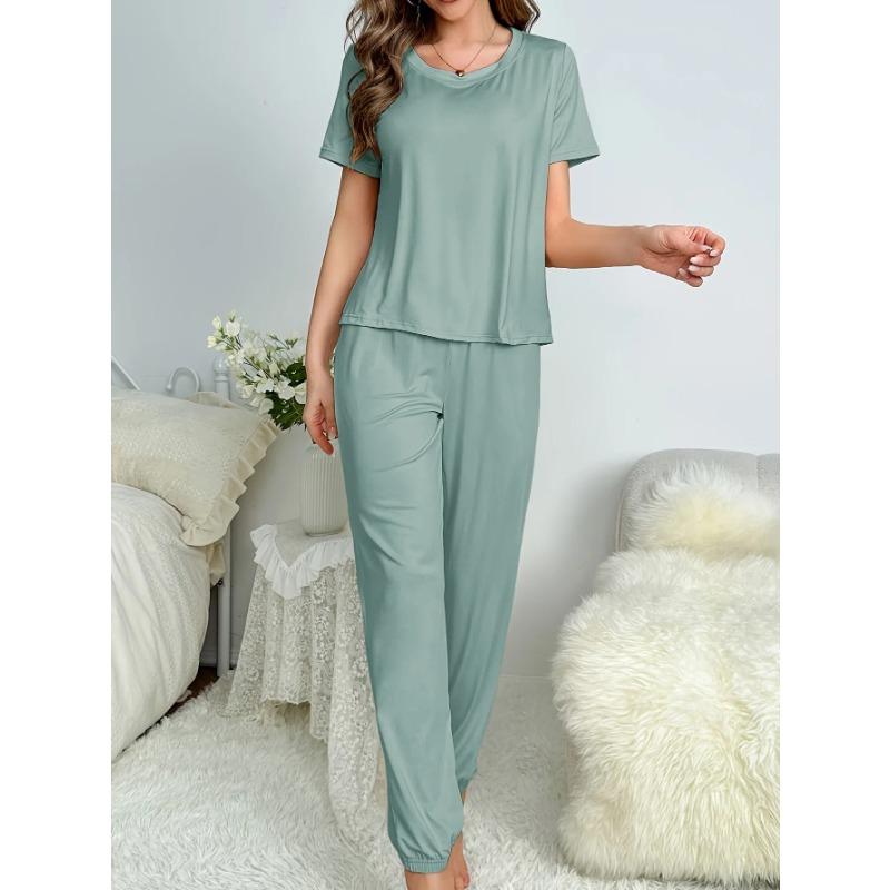 Nové dámské jednobarevné pohodlné ležérní top s kulatým výstřihem a dlouhé kalhoty pyžamový set Dámský domácí ležérní pyžamový set
