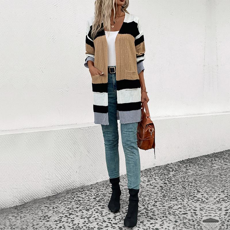 Women's Fashion Casual Colour Block Print Autumn Winter Long Sleeve Cardigans