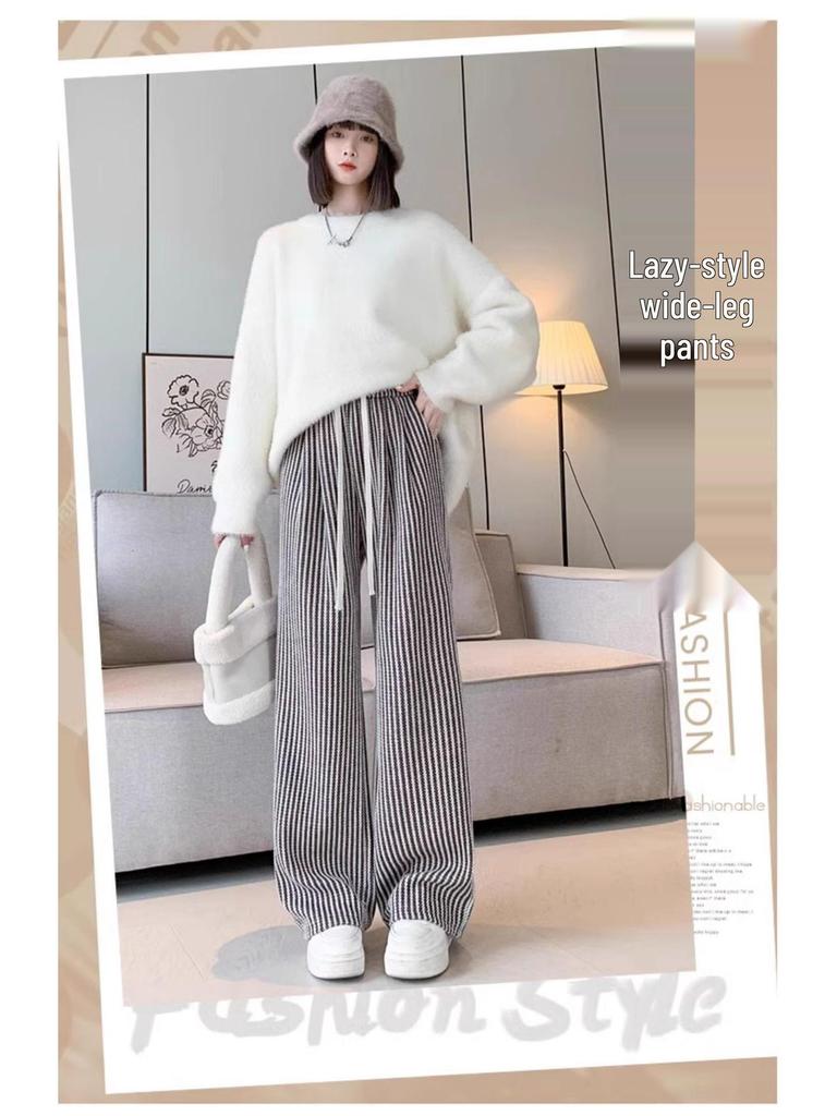 Petite Wool Blend Pinstripe High Waist Wide Leg Pants - Slimming, Loose Fit for Autumn/Winter