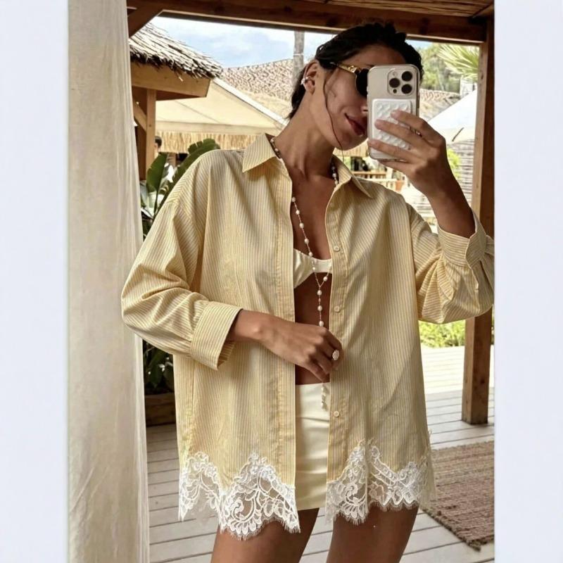 Women S Loose Striped Lace Trim Shirt Summer Vacation Casual Top