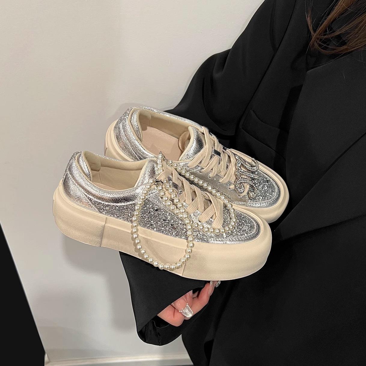 

Модные повседневные туфли с круглым носком и шнуровкой, универсальные туфли 2024 года, новые туфли с толстой подошвой и блестками на каблуке для женщин 40