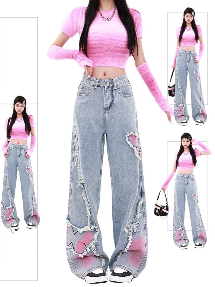 Women's Blue Baggy Butterfly Jeans Vintage Cowboy Pants Harajuku Denim Trousers Aesthetic Y2k Oversize Trashy 2000s Clothes 2026