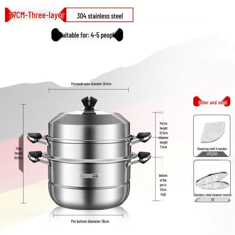 Large 304 Stainless Steel Three-Layer Household Steamer for Induction and Gas Stoves