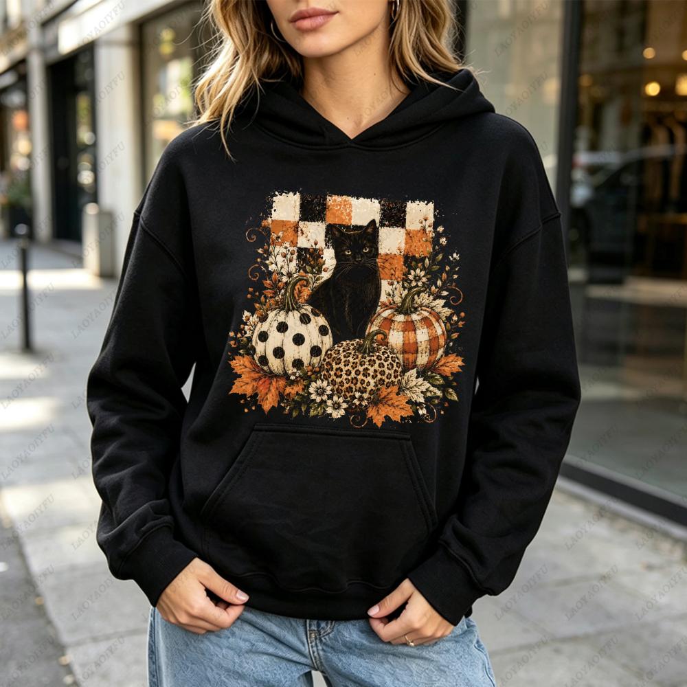 Black Cat Pumpkin Fall Checkered Graphic Hoodie Women Casual Long Sleeve Pullover Vintage Halloween Autumn Holiday Gift Top