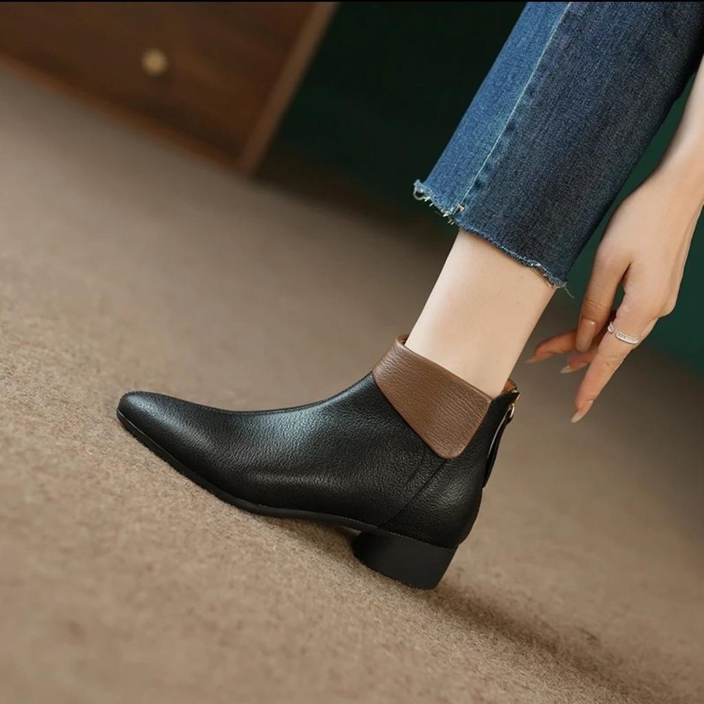 Autumn Winter Pointed Toe Leather Female Short Shoes Elegant With Low Heels Women'S Ankle Boots High Quality Trend  Booties