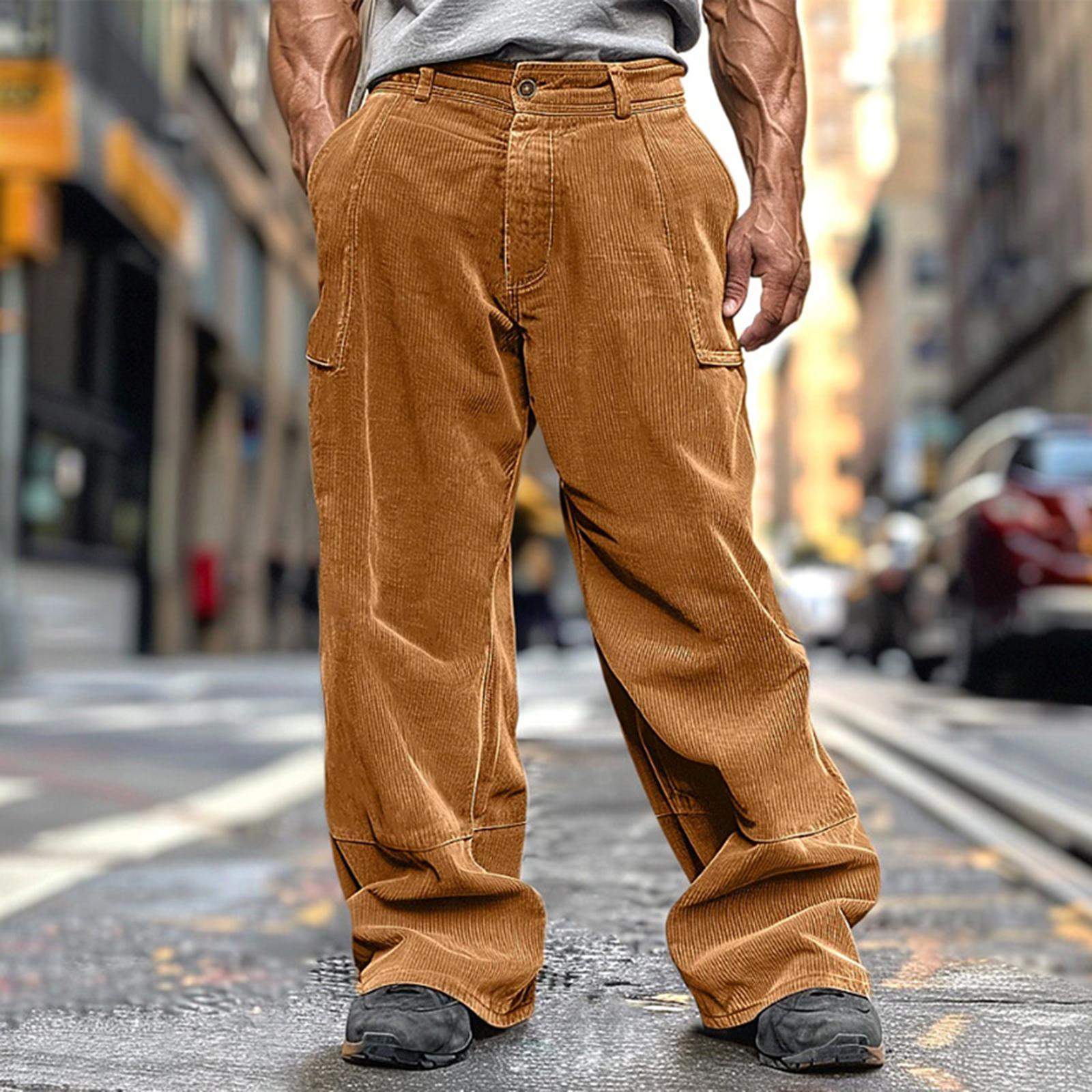 

Men s Loose Casual Solid Color Corduroy Trousers Pocket Elastic Waist Straight Trousers XL