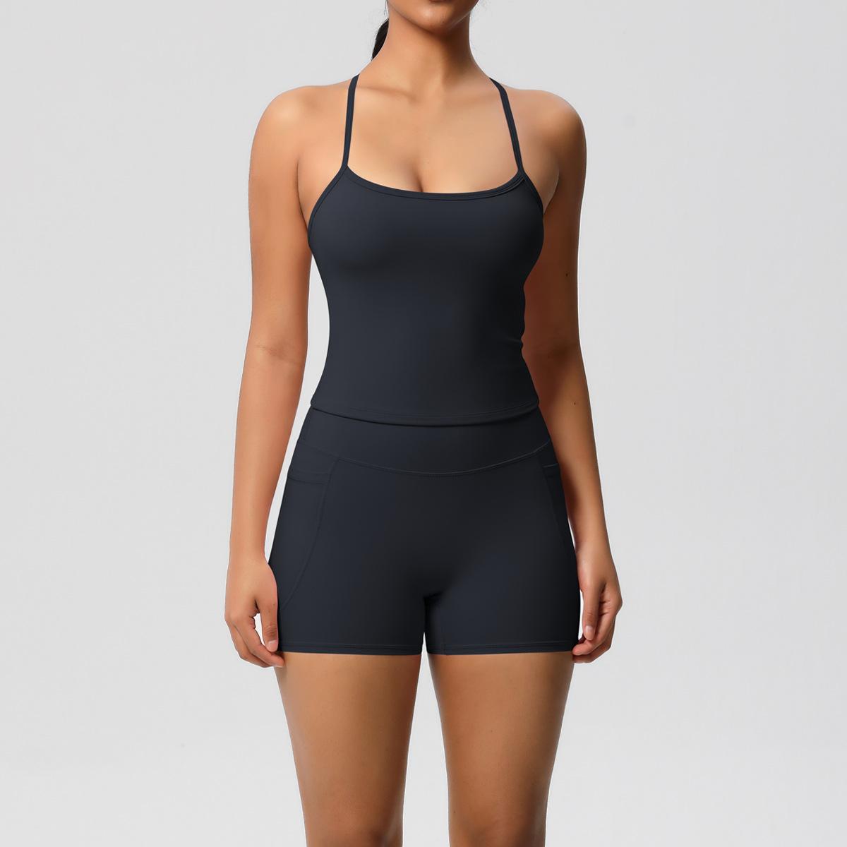 

Solid Color Cloud Style Yoga Pants With Pockets, Sports Fitness, Beautiful Back, Breathable Vest, Yoga Suit Two-piece Set L чорний