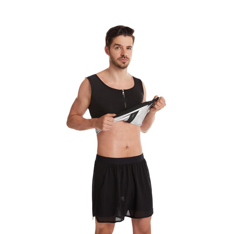 Men's Black Sauna Vest: Sweat-Wicking, Zippered, Silver-Coated, Body Shaper for Yoga & Exercise.