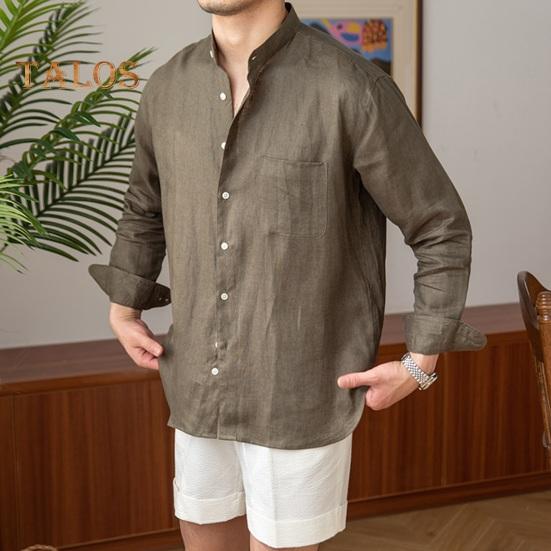 Spring Fall Men Shirt Stand Collar Single-breasted Long Sleeves Buttons Solid Color Cardigan Formal Business Style Office Top