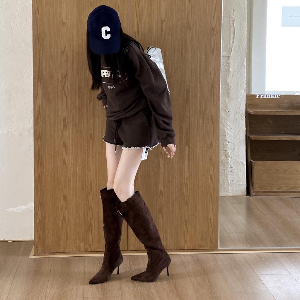 2025 autumn and winter new big tube circumference stacking boots pointed boots women's thin heel high boots high heel belt buckle boots