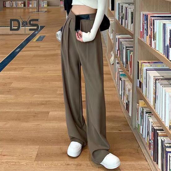 Women Suit Pants Straight Wide Leg Loose High Waist Solid Color Formal OL Commute Full Length Fasten Tape Adjustable Waist Lady Formal Trousers
