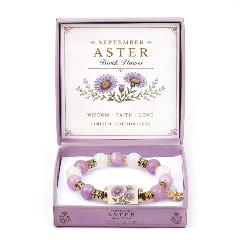Birth Flower Bracelet Gift Box Beaded Stretch Bracelet Jewelry with Floral Centerpiece for Sentimental Birthday Giving