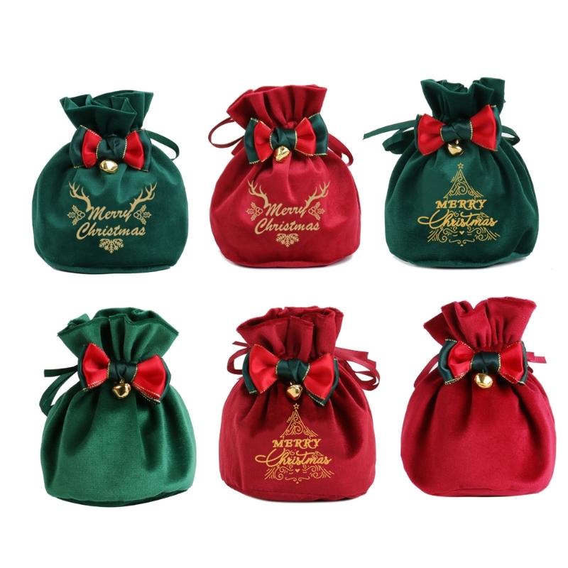 Reusable Holiday Velvets Treat Pouch Drawstring Gift Bag With Bowknot And Bell Christmas Party Decoration Accessories