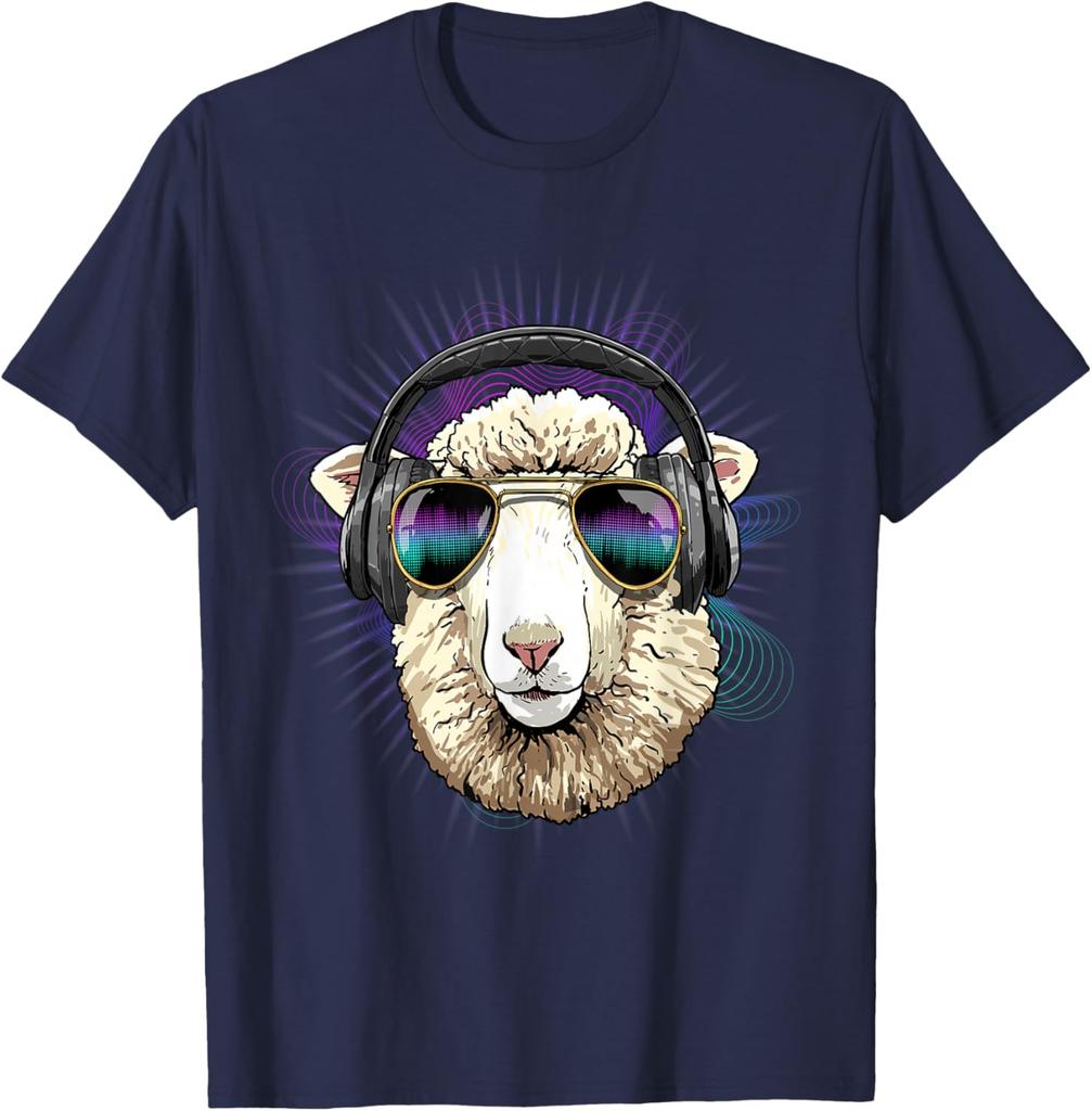 Music Sheep DJ Graphic Tee Cool Animals Headphone Rave T-Shirt Men Trip