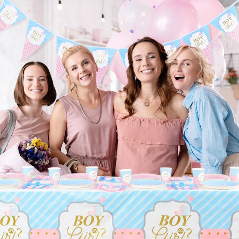 49Pcs Boy Or Girl Gender Reveal Disposable Tableware Set Paper Plate Cup Napkin Banner Baby Gender Reveal Party Decor Supplies