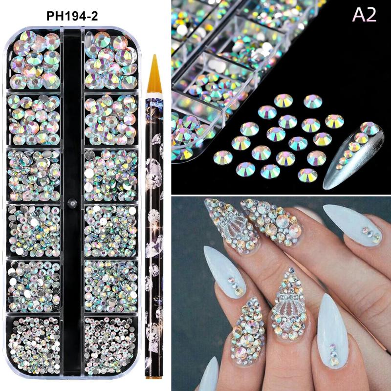 

12 Ячеек Круглый Плоское Дно Ноготь Бриллиант Ноготь Страз AB С Ручкой для Страз Сверкающие Красочные Ювелирные Изделия Шарм для Ногтей DIY A2