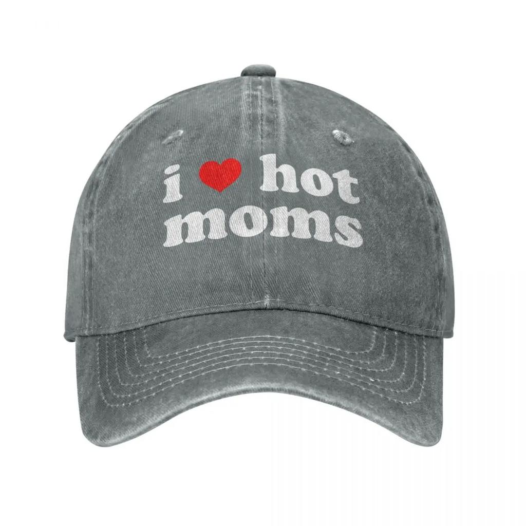 Jag älskar heta mammor Rött hjärta Basebollkepsar Sliten Bomullshuvudbonad Unisex Stil Utomhus Löpning Golf Justerbar Passform Kepsar Hatt